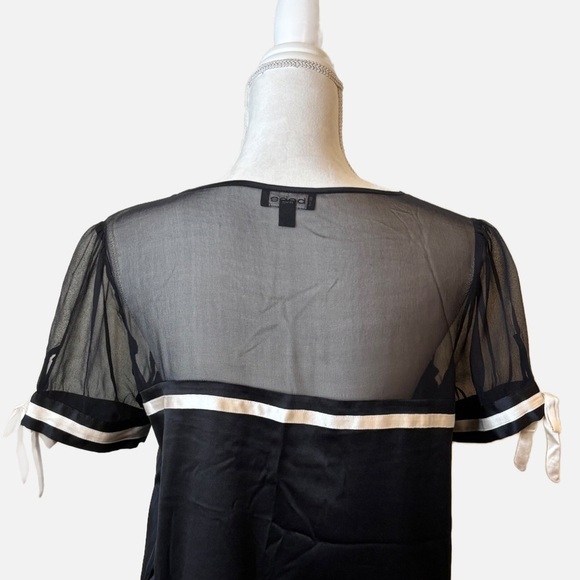 Bebe Y2K Coquette Short Sleeve Silk Blouse Black with Cream Ribbon Detailing - Picture 7 of 14